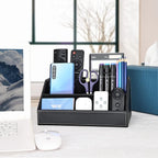 KINGFOM Pu Leather Desk Organizer with 5 Compartments Holder, Multi-Functional Office Supplies Storage Caddy for Pen/Pencil, Phones, Remote Controller and Desktop Accessorie Black