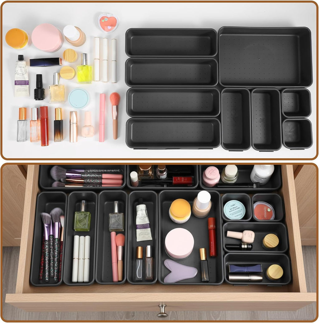 9 Pcs Stackable Drawer Organizer Trays Set, Multifunctional Storage Trays for Vanity, Bathroom, Kitchen, Office, Multi-size Durable Plastic Desk Drawer Organizer Bins, Custom Layout Design