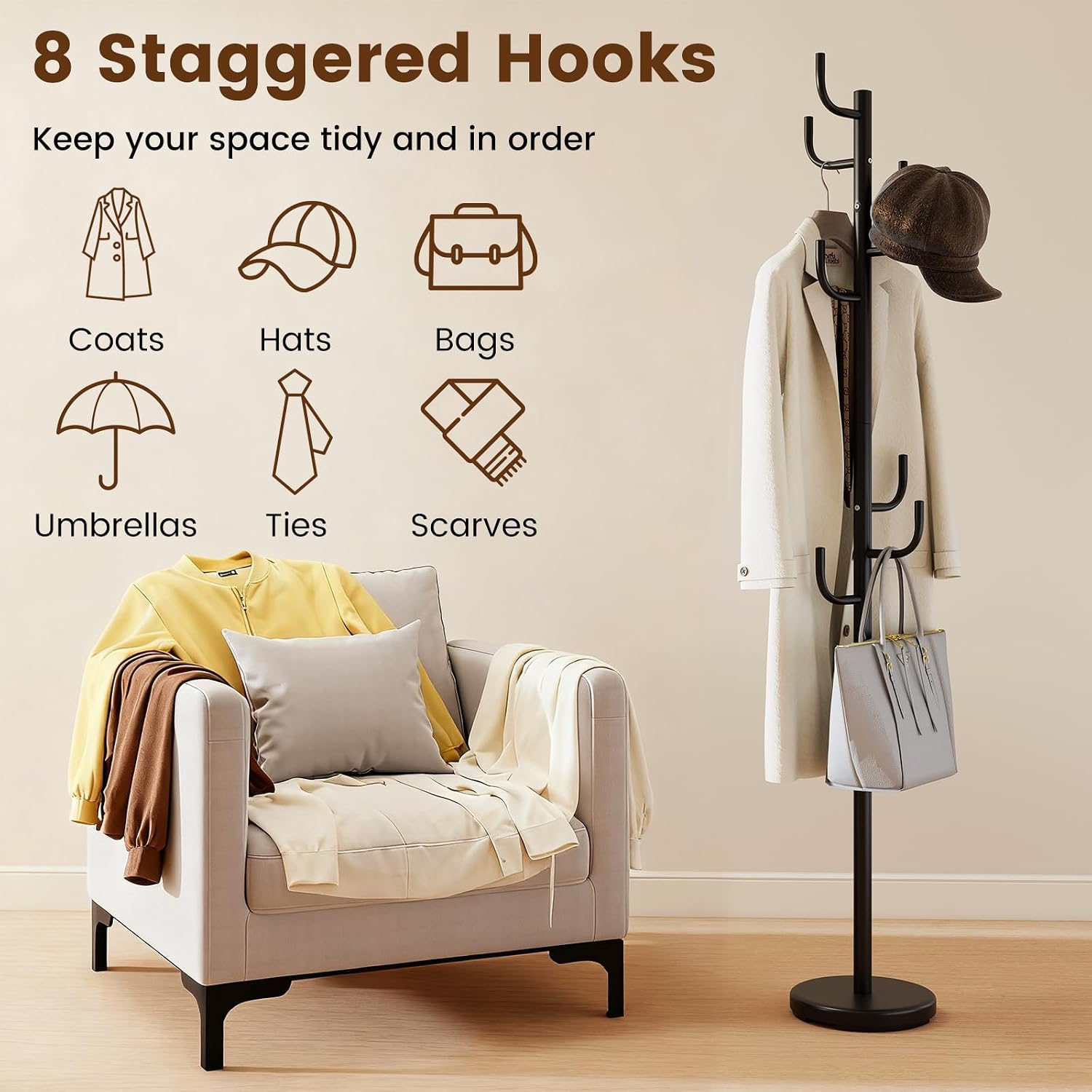 Giantex Heavy-Duty Coat Rack Freestanding, 69" Metal Cactus Clothes Stand with 8-Hook & 2 Height Options, Weight Base, Modern Coat Tree Hanger Stand for Bags, Purse Hat Rack Entryway, Bedroom, Office