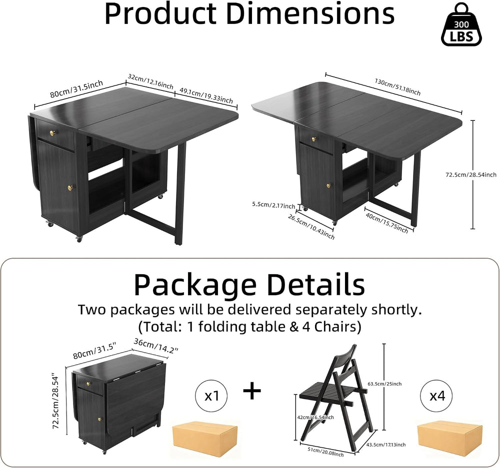 Folding Dining Table and Chairs - 51" Fully Assembled Drop Leaf Table 4-...
