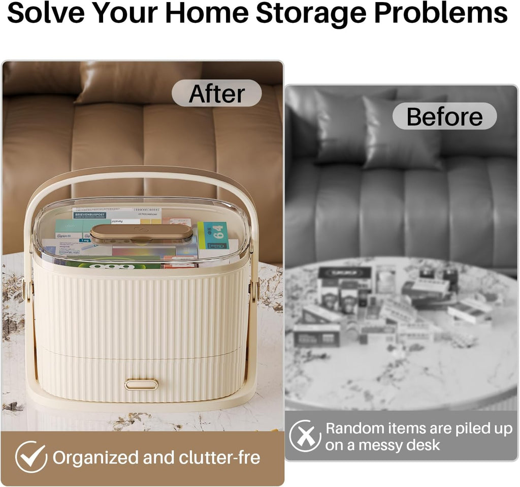 Two-Medicine Organizer, Portable Medicine Cabinet Organizer, Empty First Aid Kit with Drawers for Home, and Portable Travel Pill Organizer.