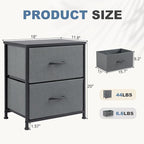 DUMOS Nightstand Set of 2, Small Dresser with 2 Fabric Drawers Side Bedroom End Table Kids Bedside Storage Furniture for 25 inch Tall Night Stand for Closet, Entryway, College Dorm, Grey, M-2 Pack