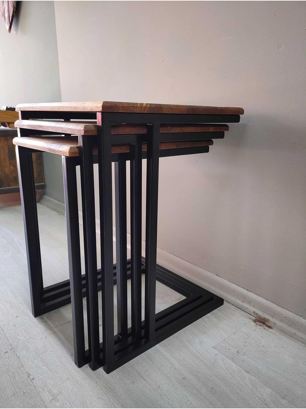 Set of 3 Nesting Side Tables with Metal Legs, Solid Wood Top in Light Walnut ...
