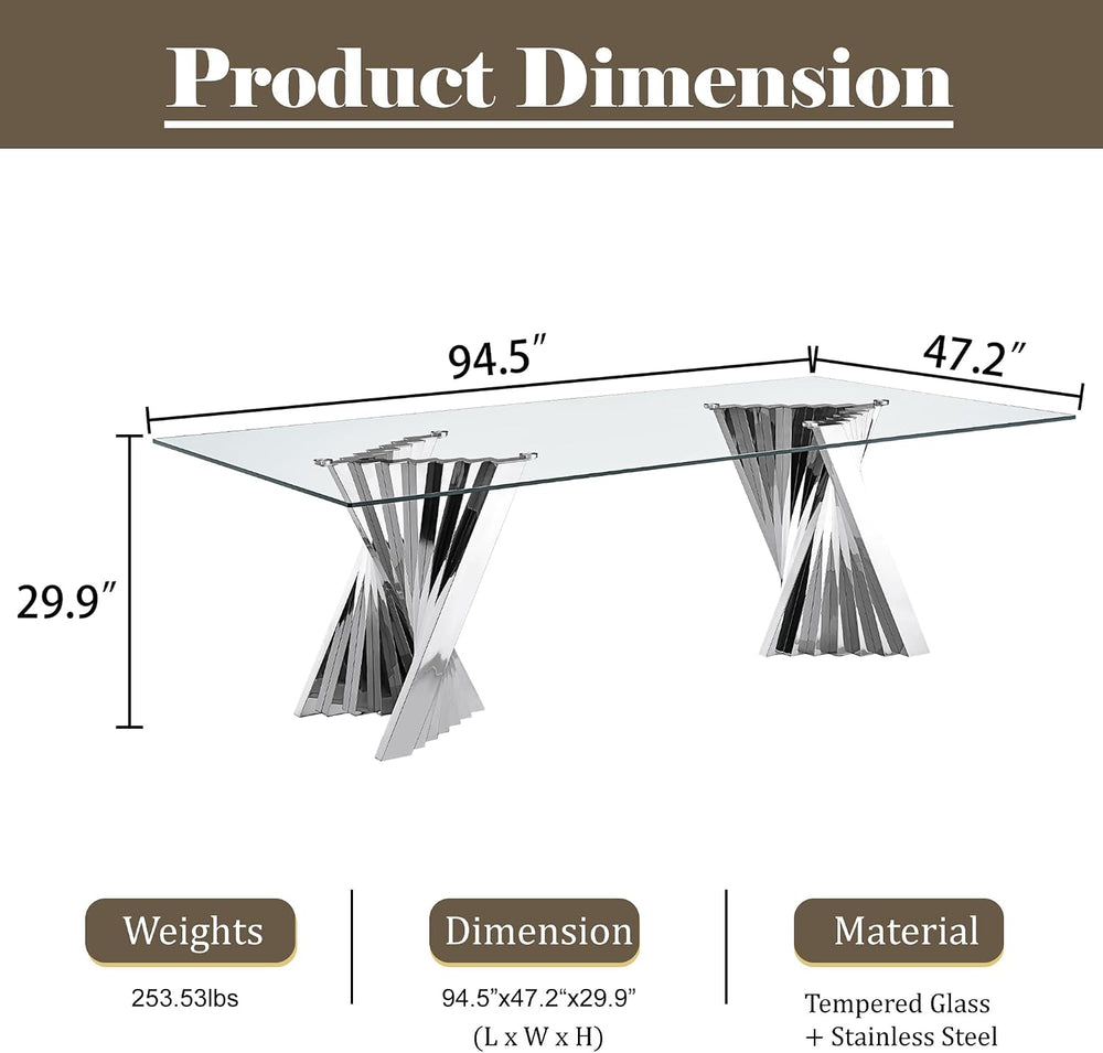 94" Glass Dining Table for 8-10, Large Luxury Kitchen Table with Tempere...