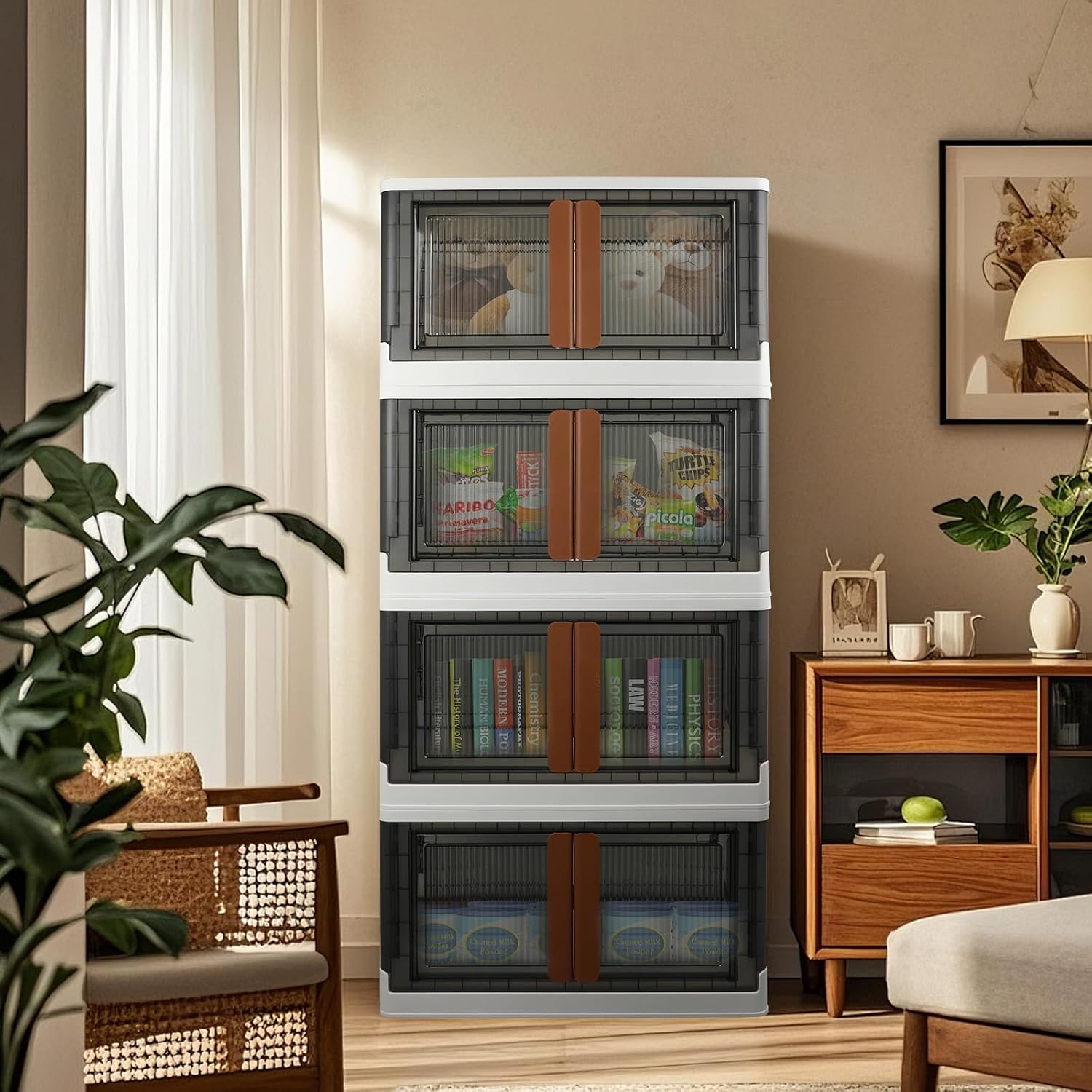 Storage Boxes, Extra Large Cabinet with Lids, 19 Gallon(72L) Capacity (Each One), 4 Packs, Useful Box with Door and Buckles, Foldable, Transparent, Excellent Home Organizers