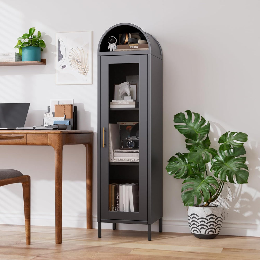 63" H Metal Arched Display Cabinet with 2 Adjustable Shelves, Arch Bookc...