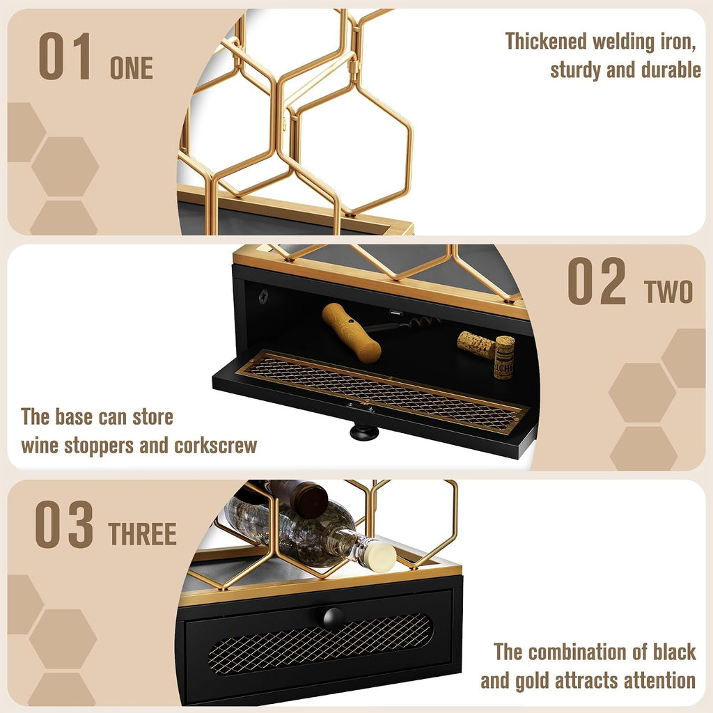 HOLTICO Countertop Wine Rack with Drawer, 8-Bottle Black & Gold Wine Holder | Black Gold Vintage Hexagon Metal Wine Holder and Bottle Rack, Vintage Small Wine Storage Racks for Tabletop, Kitchen, Bar