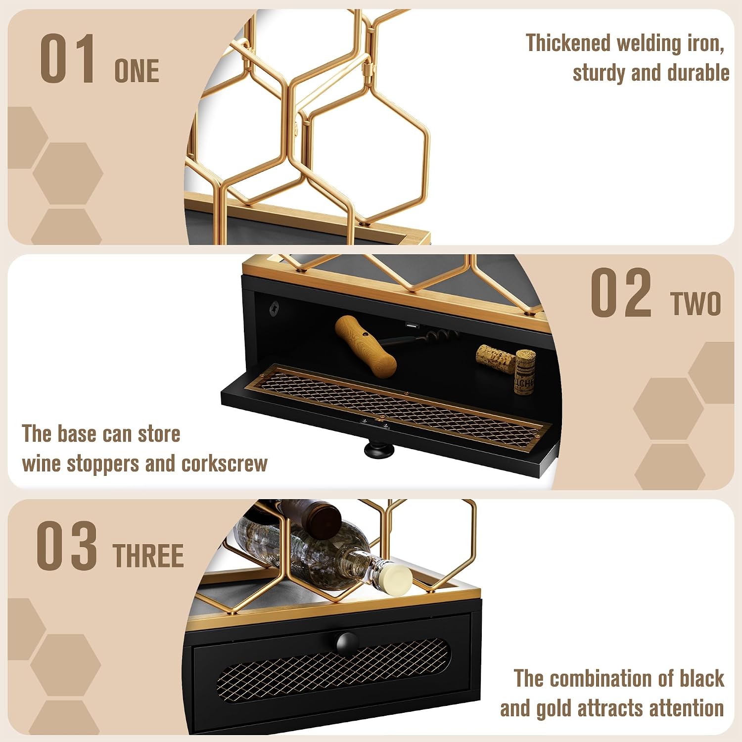 HOLTICO Countertop Wine Rack with Drawer, 8-Bottle Black & Gold Wine Holder | Black Gold Vintage Hexagon Metal Wine Holder and Bottle Rack, Vintage Small Wine Storage Racks for Tabletop, Kitchen, Bar