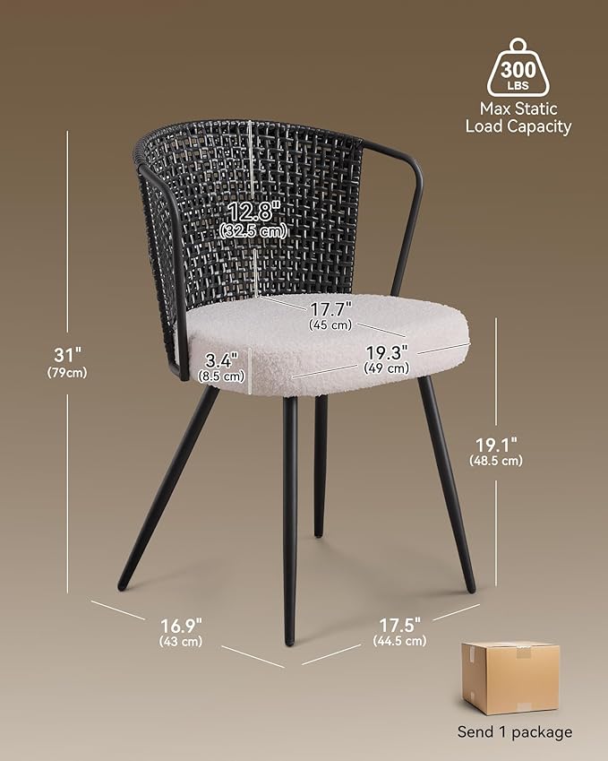 BedsPick Rattan Dining Chair Set of 2 - Farmhouse Upholstered Cane Back Kitchen Chair with Boucle Cushion, Wingback Dining Room Seat with Metal Legs for Home, Kitchen (Black)