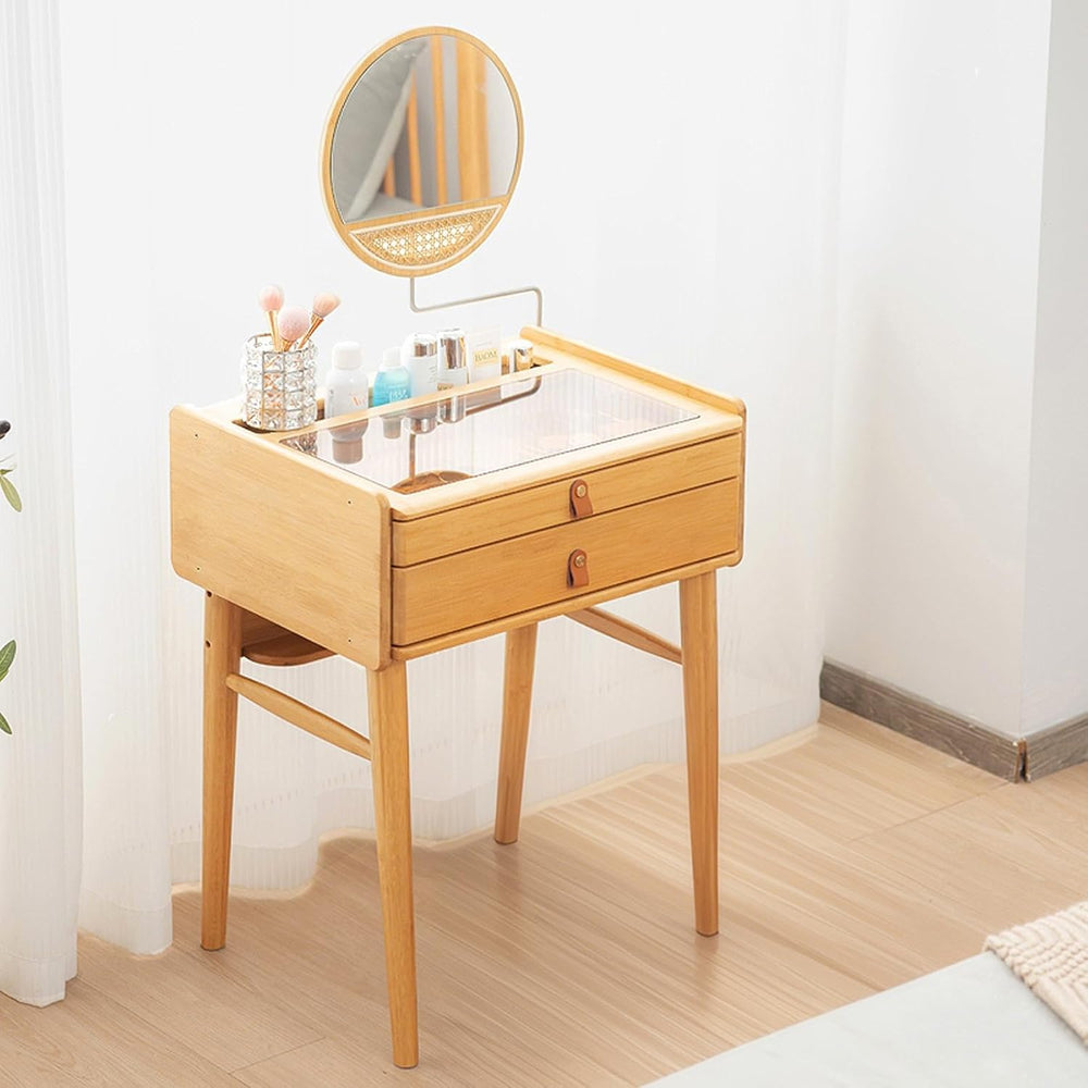 COSTWAY Bamboo Vanity Desk with Adjustable Round Mirror and 2 Drawers | Makeu...