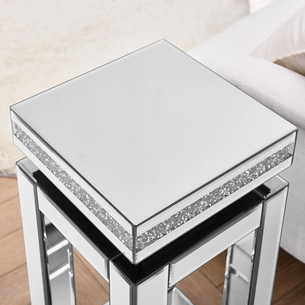 Mirrored End Table Modern 2 Layer 11.8inch Glass Sofa Side Table with Crystal...