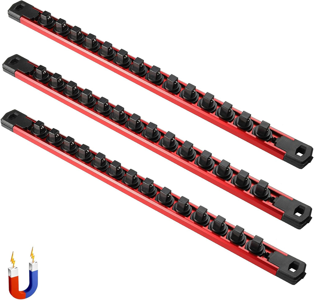 ALOANES 3-Piece Magnetic Tool Organizer, Heavy Duty Aluminum Rails, 360 Swivel Socket Holder Kit with 42 Clips (Red, 3/8-Inch)