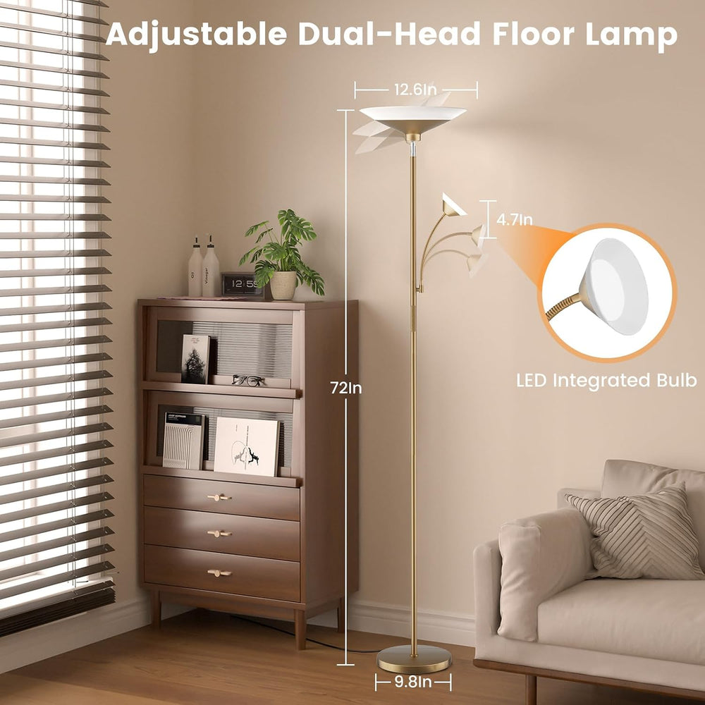 SIBRILLE Gold Torchiere Floor Lamp - 2 Way LED Standing Lamp with Reading Lig...
