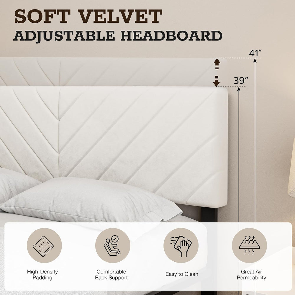 Queen Bed Frame with Adjustable Headboard, White Velvet Upholstered