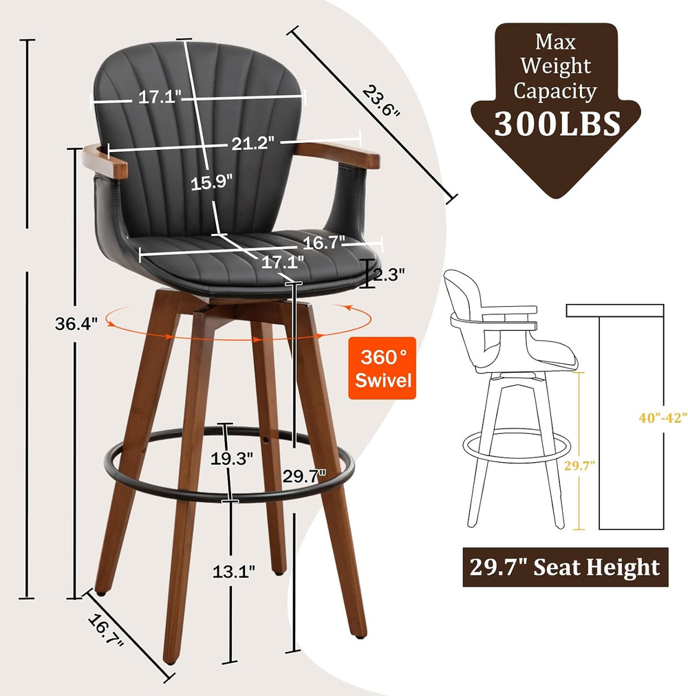 LUNLING 30” Bar Height Stools,Mid Century Modern Bar Stools,Black PU Leather ...