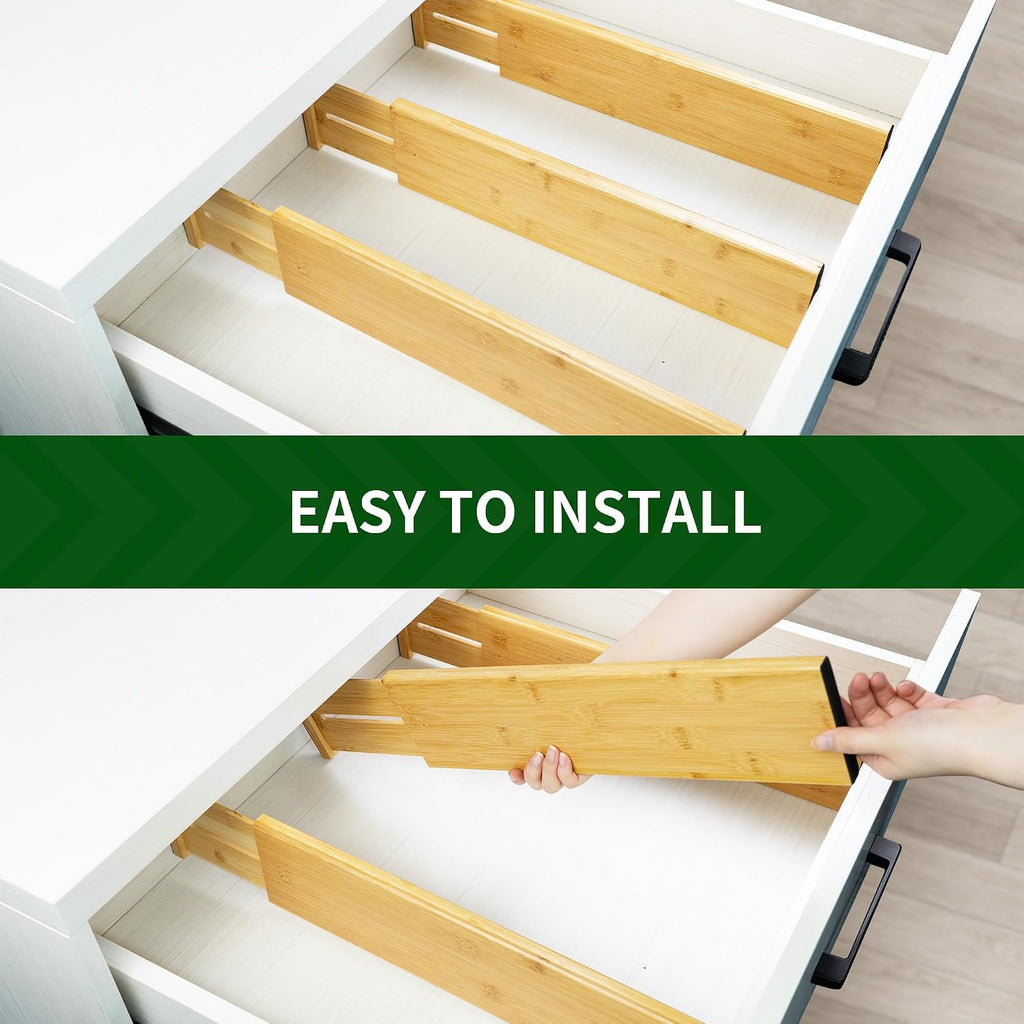 VaeFae 6 Pack Bamboo Drawer Dividers, 4" High Adjustable 11.9-17.1" Clothes Drawer Organizers, Expandable Separators for Bedroom/Bathroom/Kitchen/Office Storage
