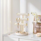 Bracelet Holder Jewelry Organizer Display - 3 Tier T Bar Velvet Stand, Beige Necklace Holder Organizer, Bracelet Holder, Earring Holder and Ring Display for Jewelry Organizers and Storage