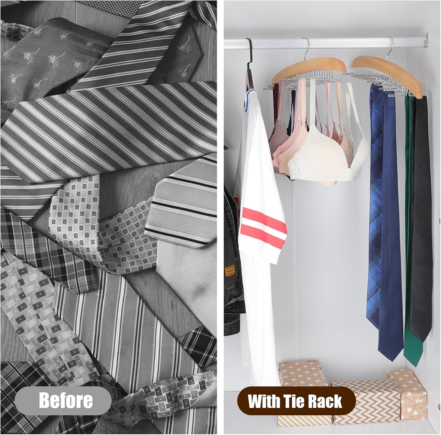 Tie Rack Hanger for Closet,360 Degree Rotating Tie Holder Organizer with 24 Folding Hooks,Wooden Men's Neck Tie Organizer Storage for Belts Tank Tops Scarves