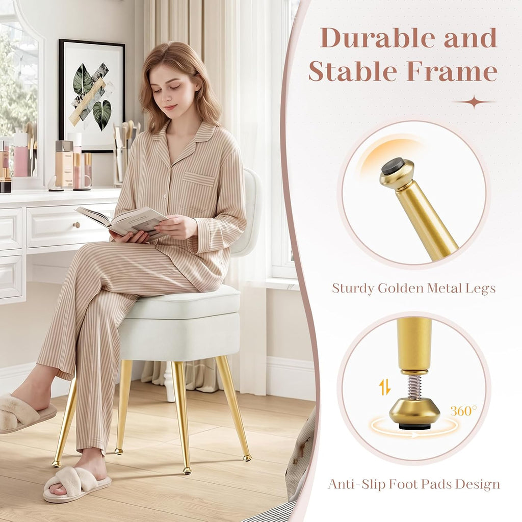 MALOL Velvet Makeup Vanity Chair with Storage and Back, Cute No Wheels Vanity Stool Ottoman with Golden Metal Legs for Bedroom Dressing Closet, Beige