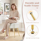 MALOL Velvet Makeup Vanity Chair with Storage and Back, Cute No Wheels Vanity Stool Ottoman with Golden Metal Legs for Bedroom Dressing Closet, Beige