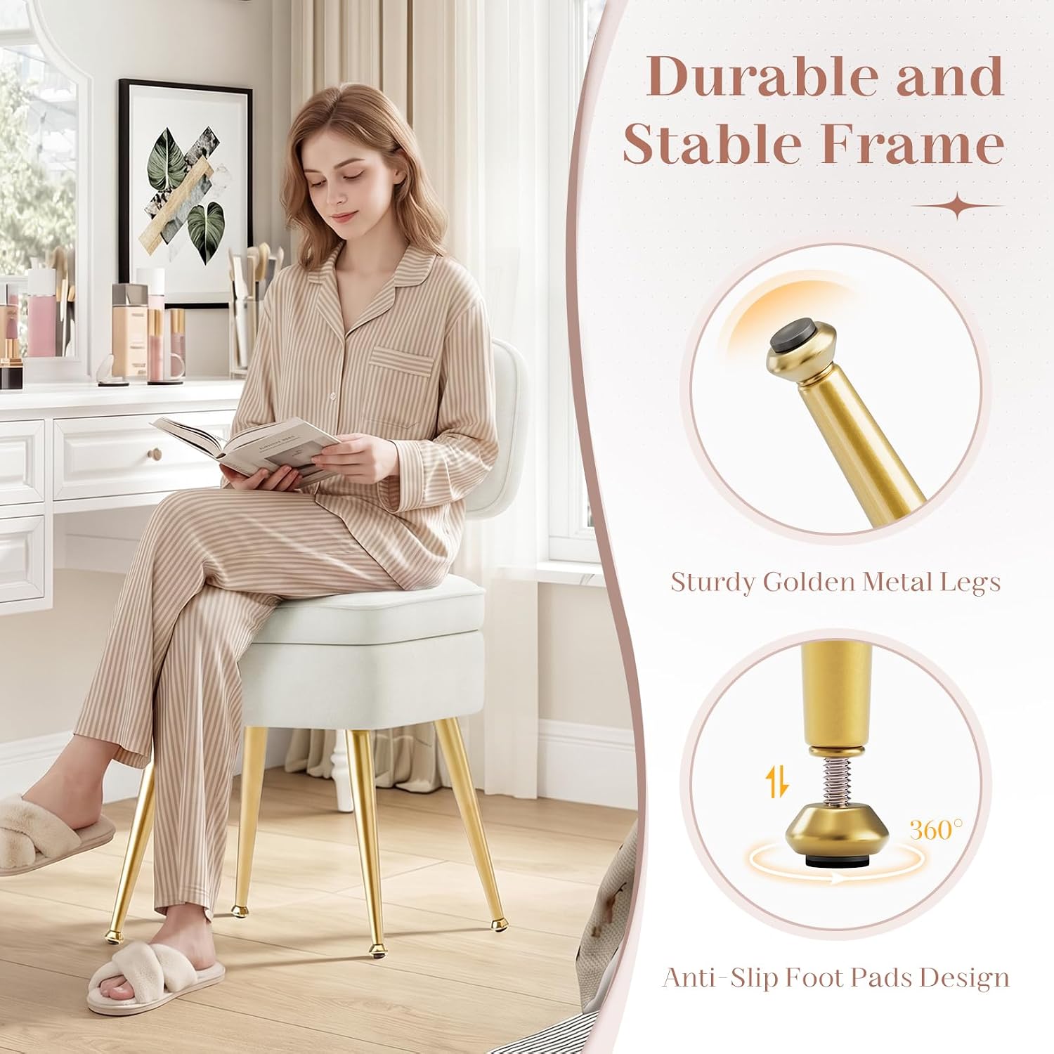 MALOL Velvet Makeup Vanity Chair with Storage and Back, Cute No Wheels Vanity Stool Ottoman with Golden Metal Legs for Bedroom Dressing Closet, Beige