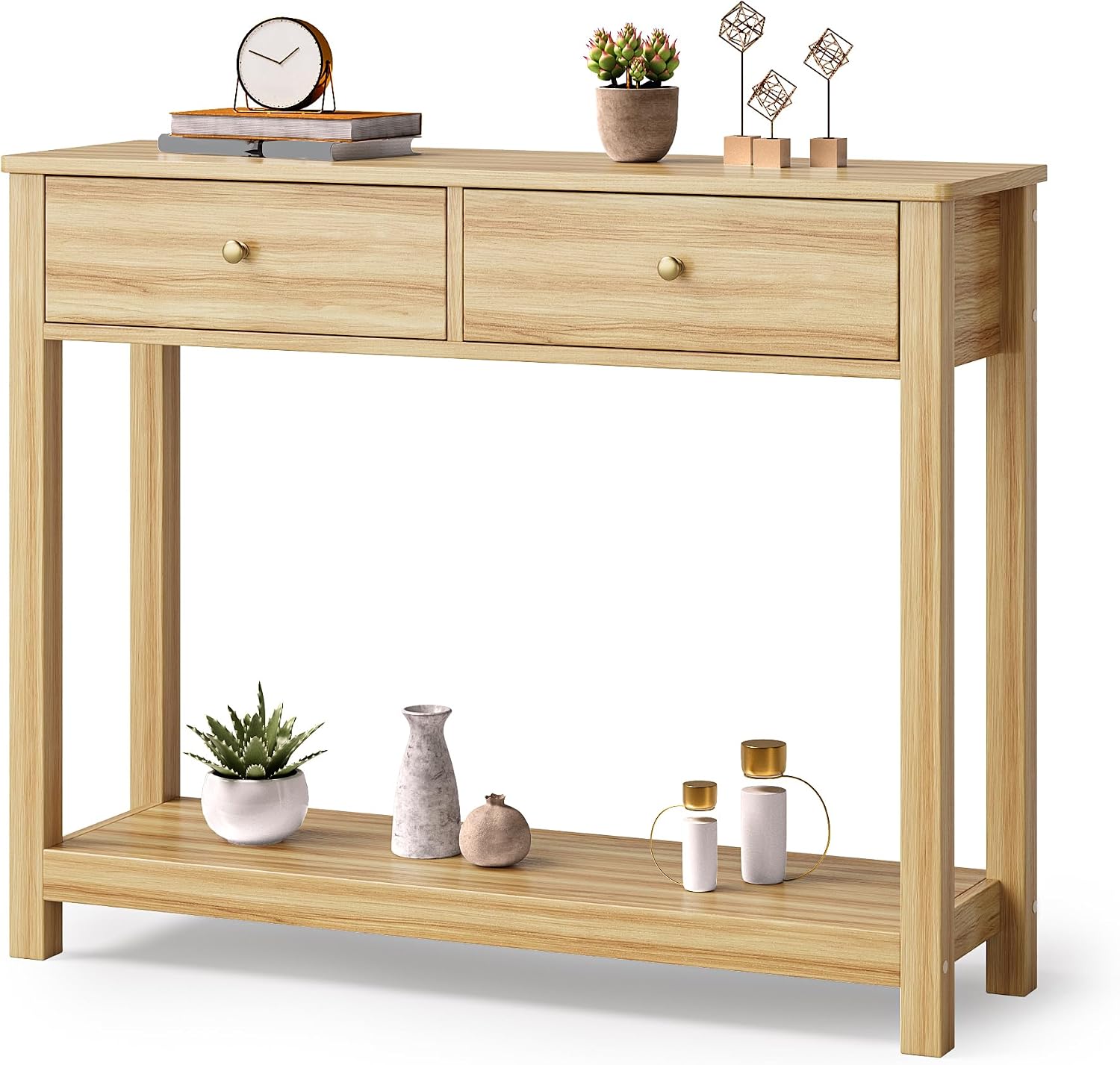Gizoon 2 Drawer Console Table, Oak Color | 2-Tier Wood Entryway Table with Storage Shelves, 39" W Wood Accent Sofa Table for Front Hall, Hallway, Living Room