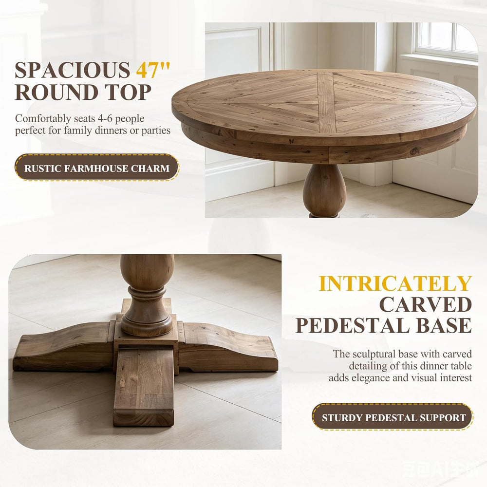 47" Round Dining Table with Wooden Pedestal Base, Antique Pine Wood Dinn...