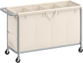 SONGMICS Laundry Basket with Wheels, 4-Section Rolling Laundry Hamper, 68.6 Gallons (260 L), Removable Liner, Steel Frame with Handle, 43.3 x 15.4 x 31.9 Inches, Cream White URLS014W01