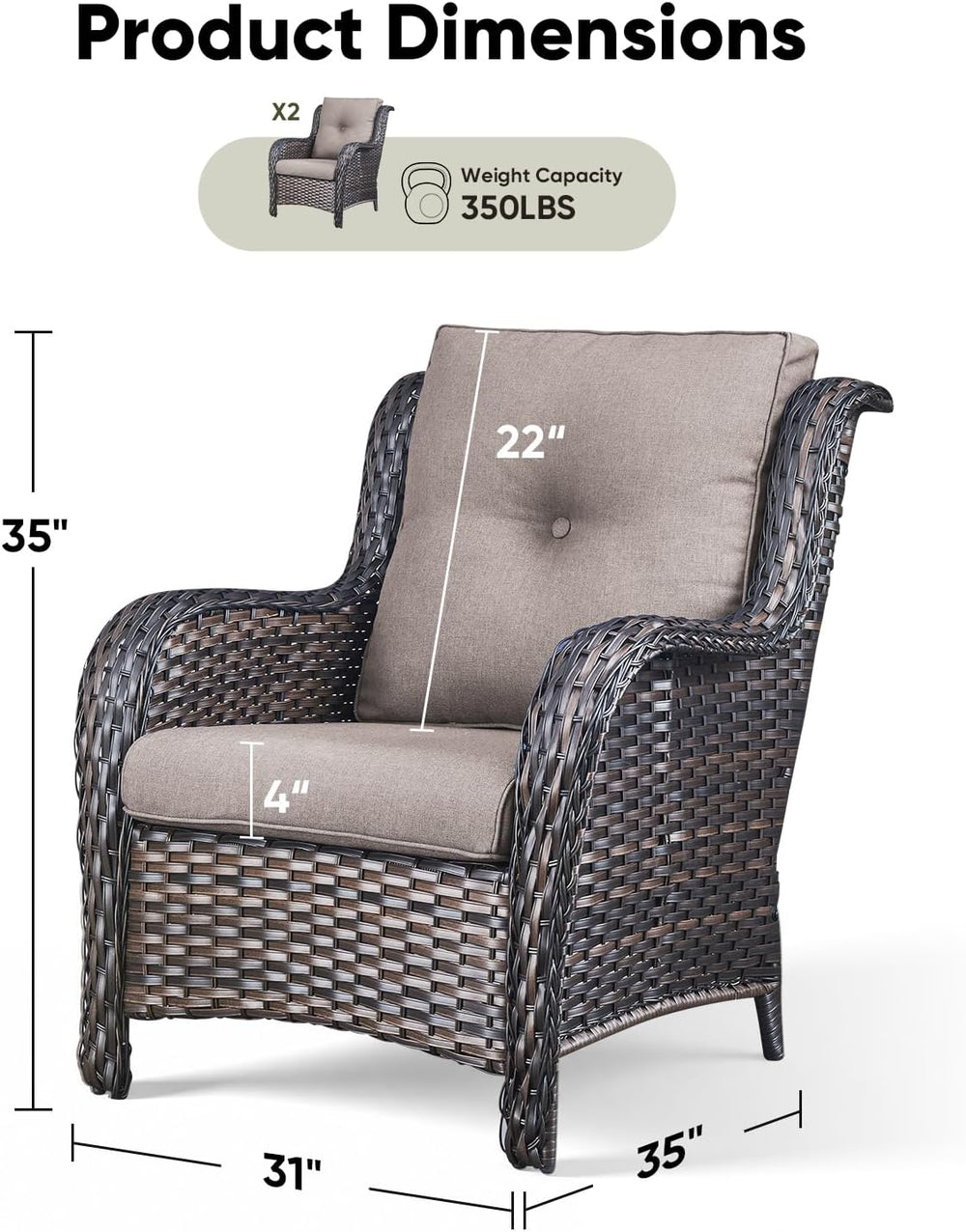 Rilyson Outdoor Wicker Patio Chairs Set of 2, Rattan Dining Chairs Porch Chai...