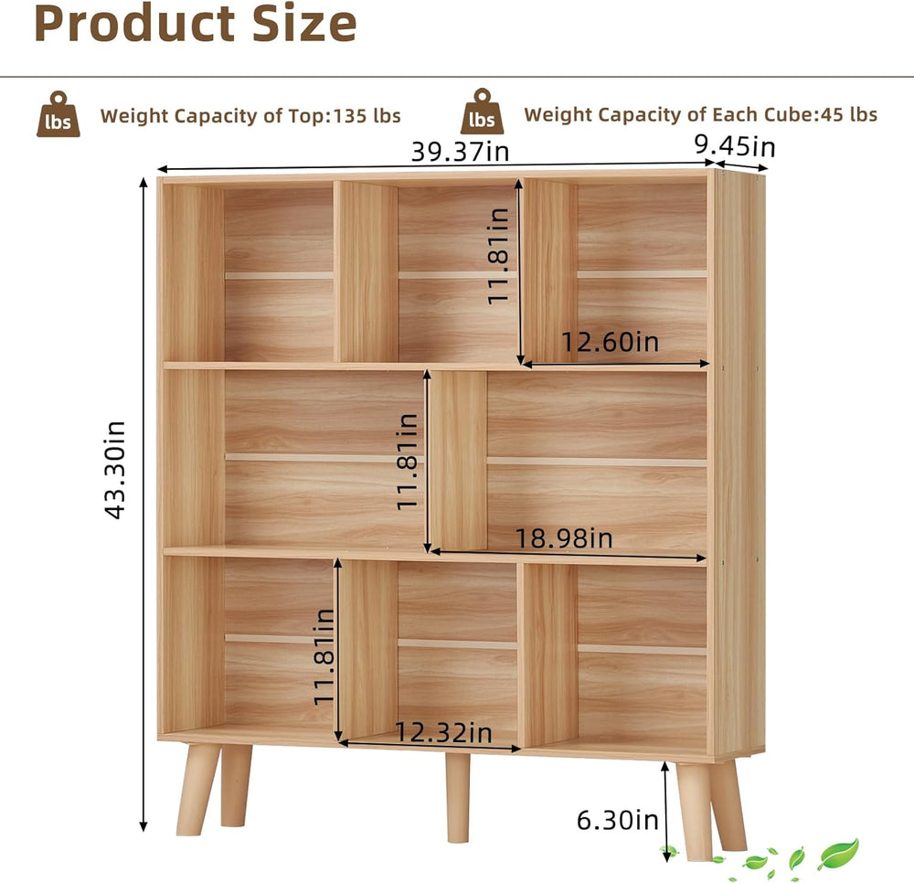 LEYAOYAO Wooden 8 Cube Book Shelf, Natural 3 Tier Bookshelf with Legs, Modern...