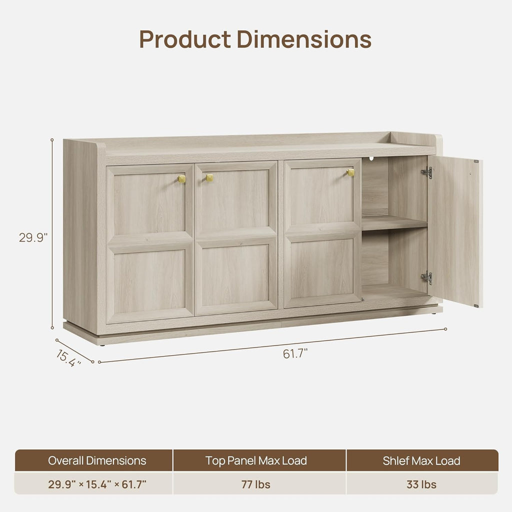 SICOTAS 61.7" 4-Door Buffet Sideboard Cabinet Living Room, Grey White Oak | Geometric Doors & Elegant Gold Handle, Slow-Close Door, 2 Separate Bays, 3-Level Adjustable Shelf, Kid & Pet Safe, 77 lbs Top