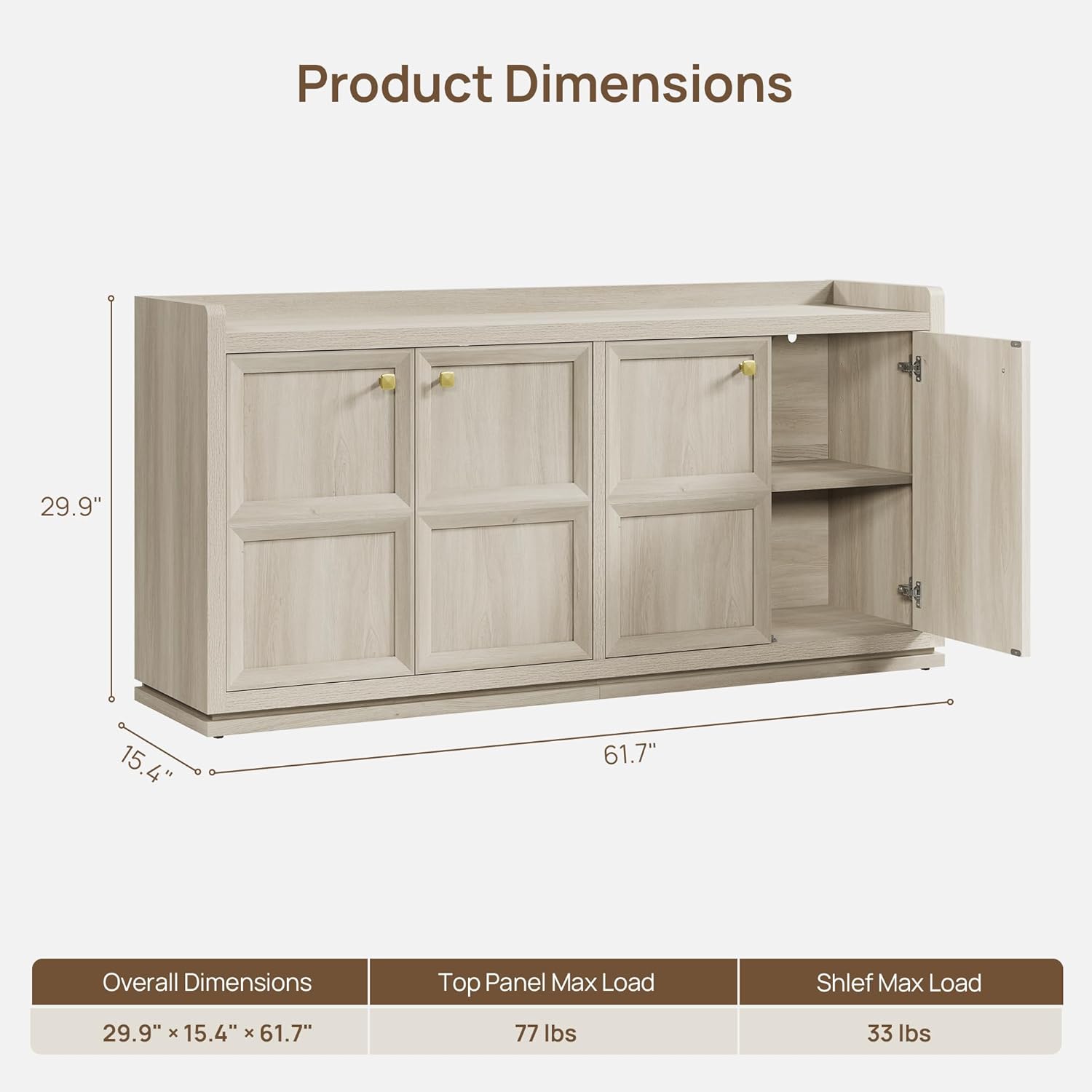 SICOTAS 61.7" 4-Door Buffet Sideboard Cabinet Living Room, Grey White Oak | Geometric Doors & Elegant Gold Handle, Slow-Close Door, 2 Separate Bays, 3-Level Adjustable Shelf, Kid & Pet Safe, 77 lbs Top