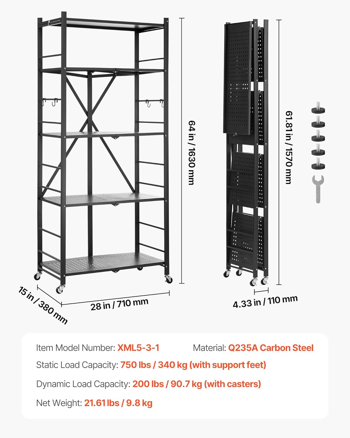 VEVOR 5-Tier Foldable Storage Shelf, 28W x 15D x 64H Inch Folding Metal Rack Shelving Unit, No Assembly Organizer Shelf with 5 Wheels & 4 Hooks for Pantry, Kitchen, Garage, Basement, Black