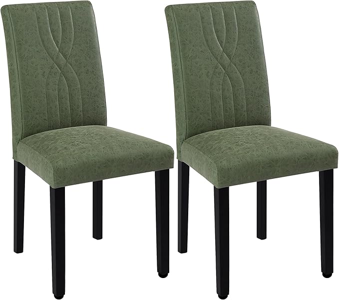 VECELO Upholstered Dining Chairs Set of 2, Modern PU Leather and Solid Wood Legs & High Back for Kitchen/Living Room- Green