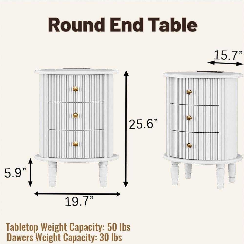 Round End Table with Charging Station, Wood Side Table with Storage for Small...