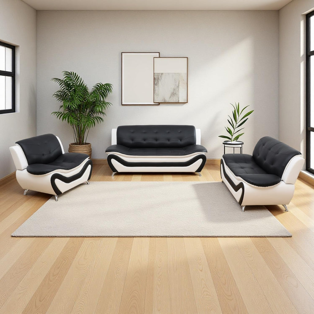 Leather Sectional Sofa Couches, Living Room Furniture Sets, 3 Pieces Modern Sofa Couch Set for Living Room/Apartment/Office/Bedroom, Black & White