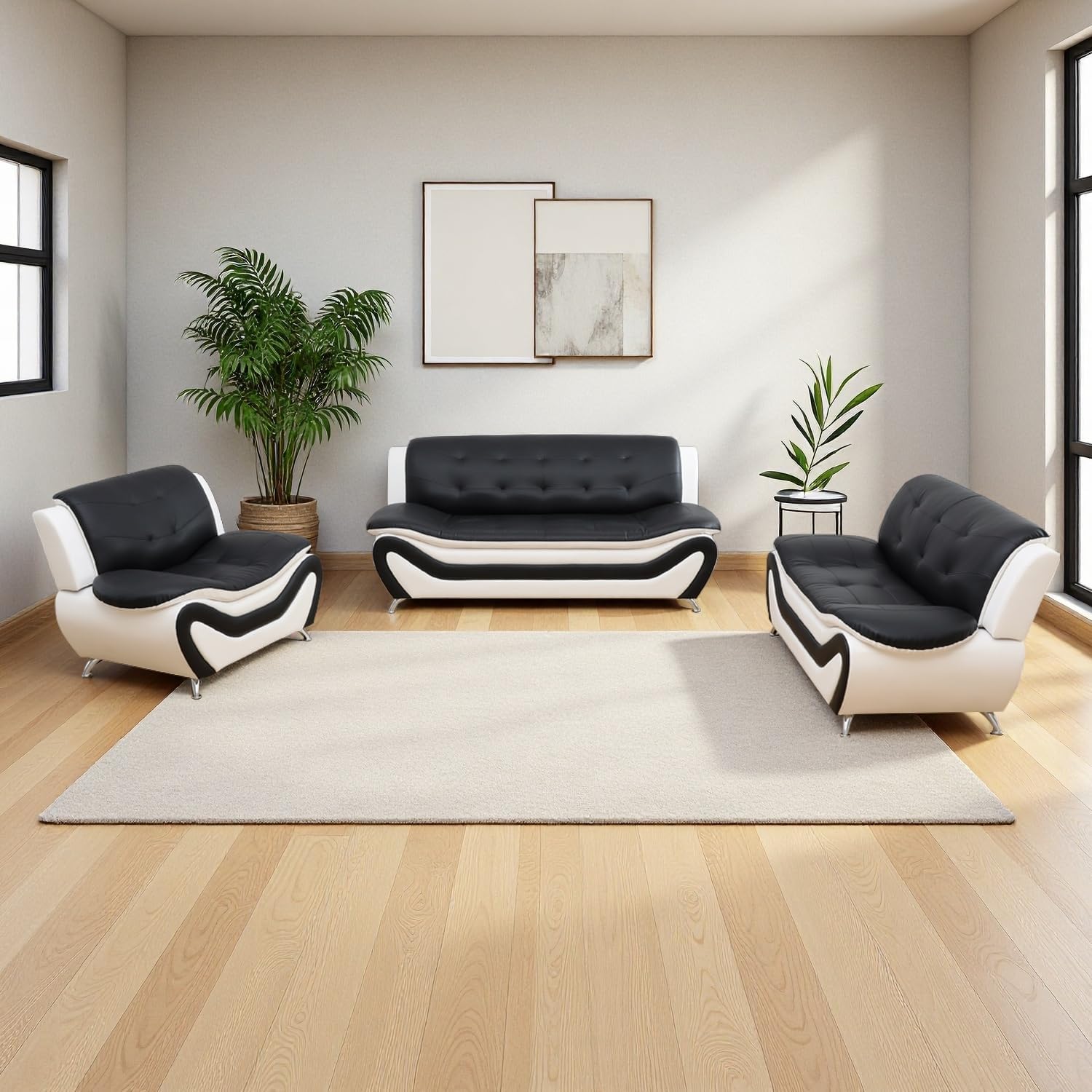 Leather Sectional Sofa Couches, Living Room Furniture Sets, 3 Pieces Modern Sofa Couch Set for Living Room/Apartment/Office/Bedroom, Black & White