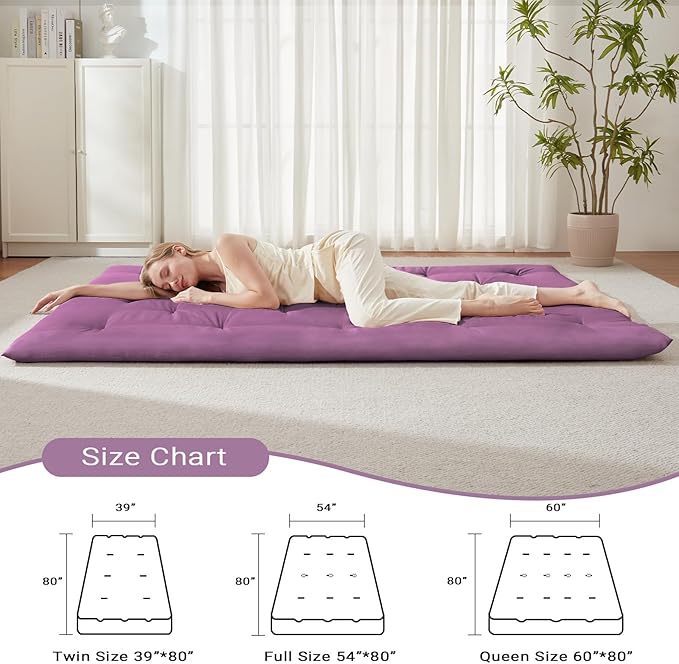 Japanese Floor Futon Mattress Queen Size 60"x 80", Foldable Floor Bed Mattress, Portable Tatami Mat Sleeping Pad, Folding Futon, Roll Up Floor Lounger for Guest Room Dormitory (Purple)