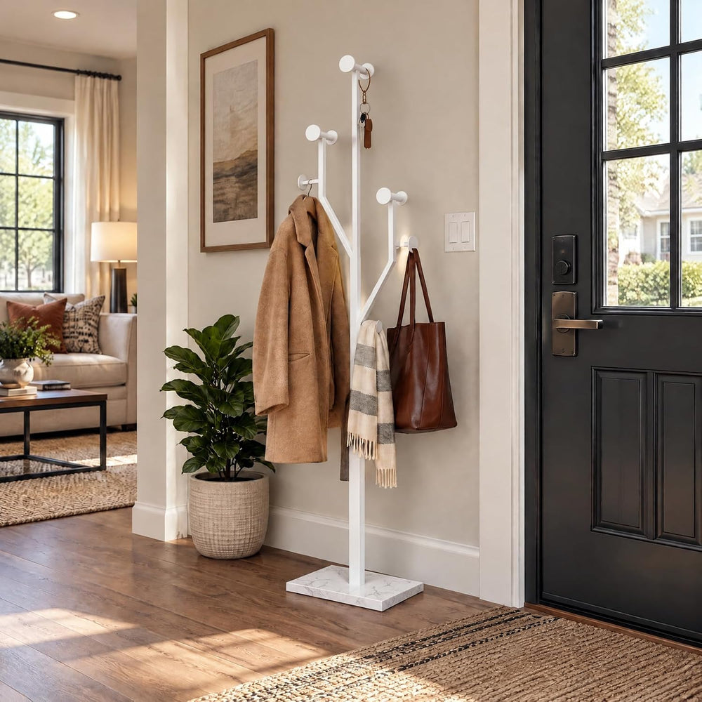 Modern White Coat Racks Freestanding with 8 Hooks, Coat Tree for Entryway