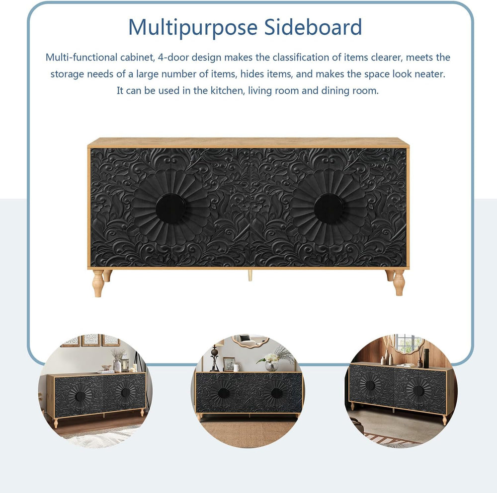 63" Sideboard Buffet Credenzas for Living Room, Black+Natural Entryway T...