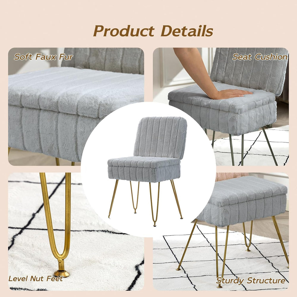 Vanity Chair with Storage | Comfy Ottoman with Folding Back