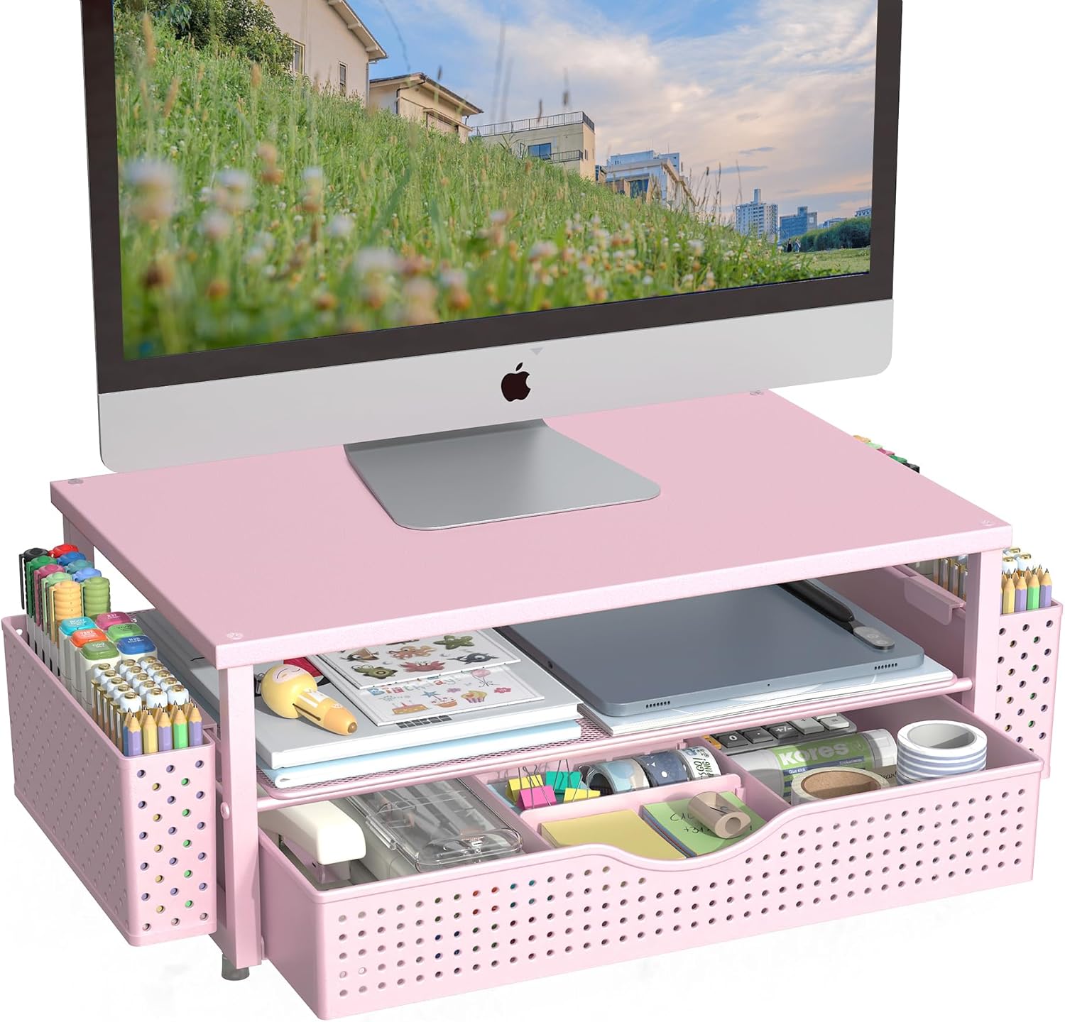 Spacrea Desk Organizer and Accessories, Computer Monitor Stand Riser with Drawer and 2 Pen Holders, Office Desk Accessories & Workspace Organizers for Office Supplies (Pink)