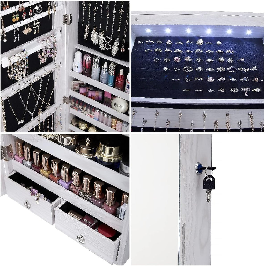 47" H Jewelry Armoire Full Length Mirror Cabinet Storage Organizer w/LED Light Wall-Mounted/Door-Hanging Lockable for Bedroom Makeups White