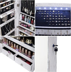 47" H Jewelry Armoire Full Length Mirror Cabinet Storage Organizer w/LED Light Wall-Mounted/Door-Hanging Lockable for Bedroom Makeups White