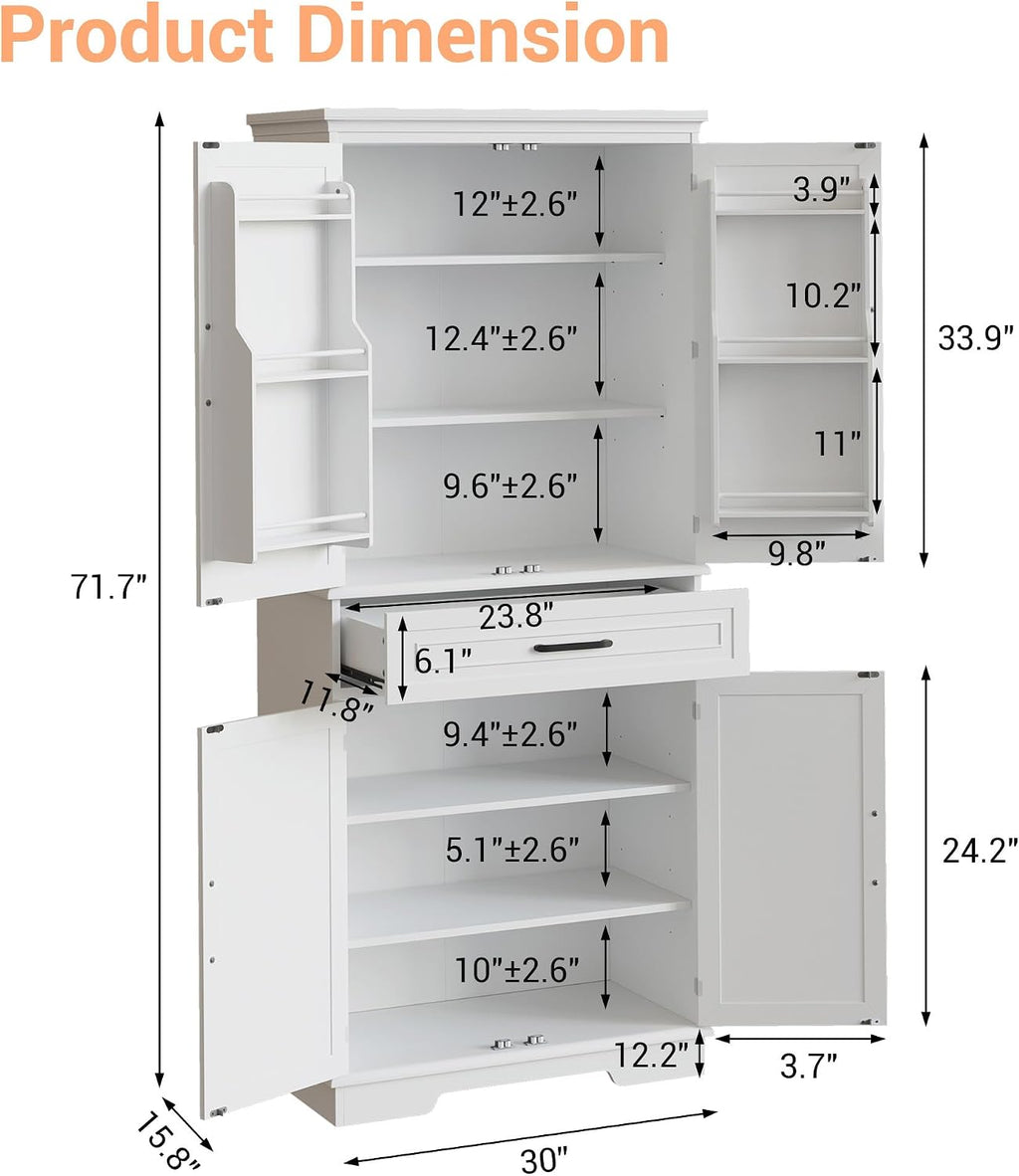 72in Tall Cabinet with Drawer, 6 Doors and Adjustable Shelves, Large Kitchen Pantry Storage Cabinet for Dining Room, Living Room, White