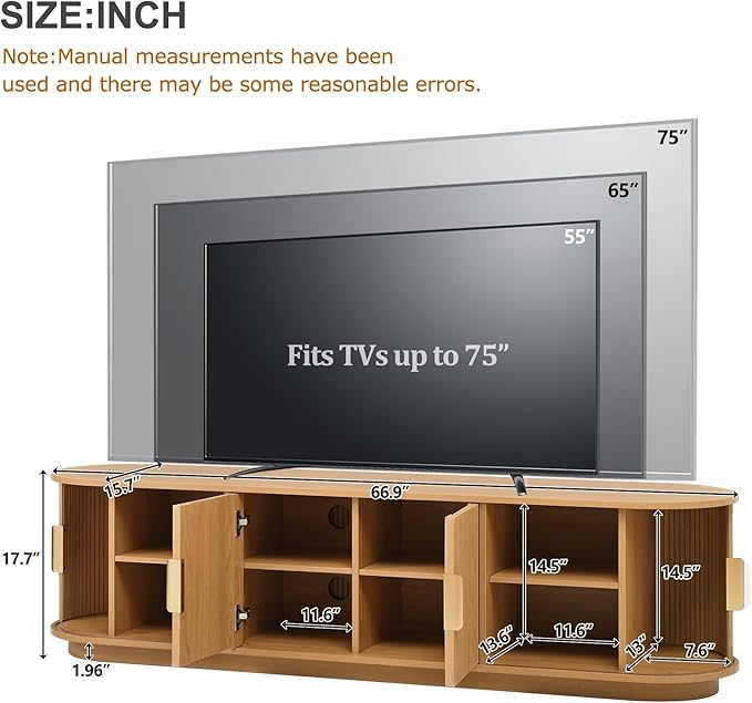 Farmhouse Wooden TV Stand with Sliding Tambour Door for TVs up to 75", Fluted Media Console with Adjustable Storage, Golden Handle TV Cabinet with Cable Holes for Living Room, Natural