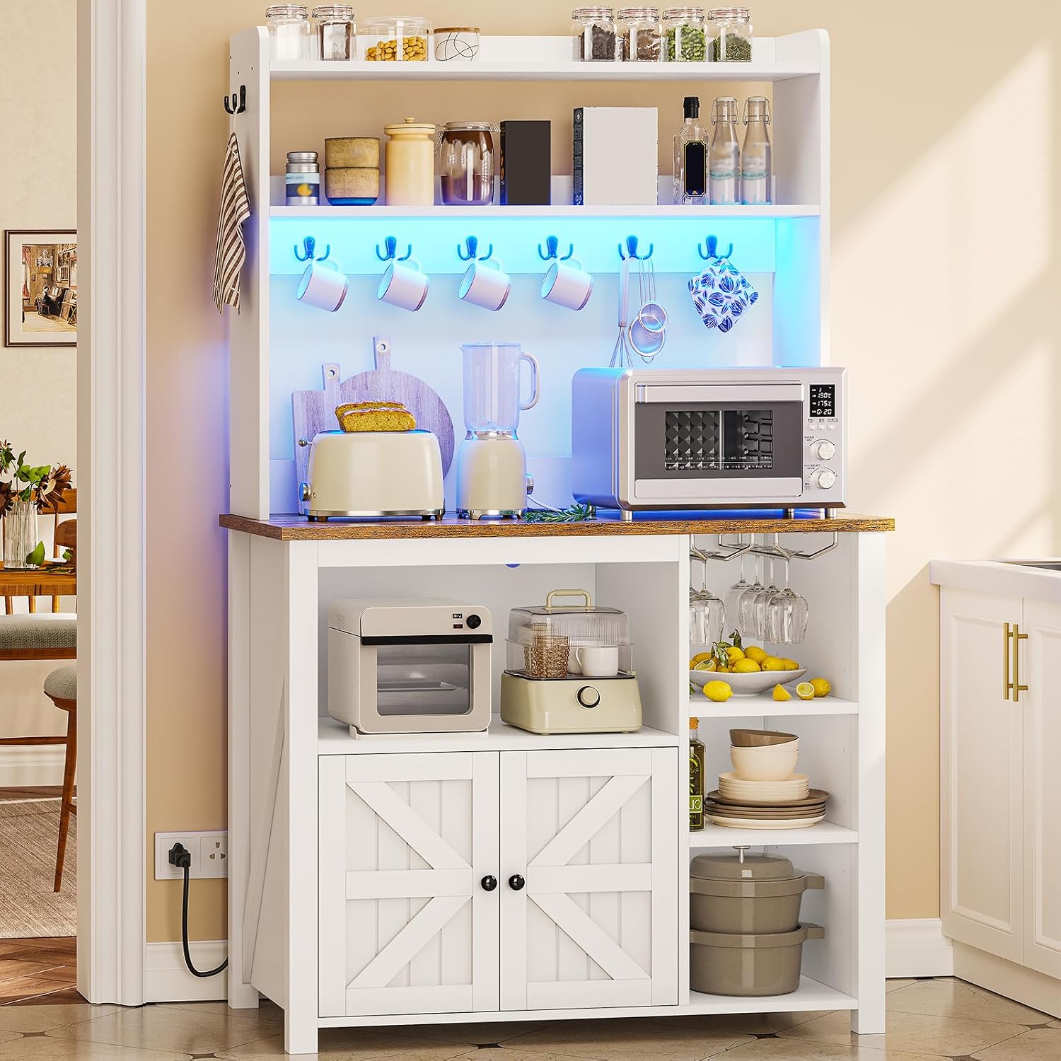 Itaar 35.4 inch Bakers Rack with Power Outlet and Storage, Farmhouse Coffee Bar Cabinet, Microwave Stand Kitchen Cabinet with Hutch, LED Lights, Wine Glass Holder and 8 Hooks，White