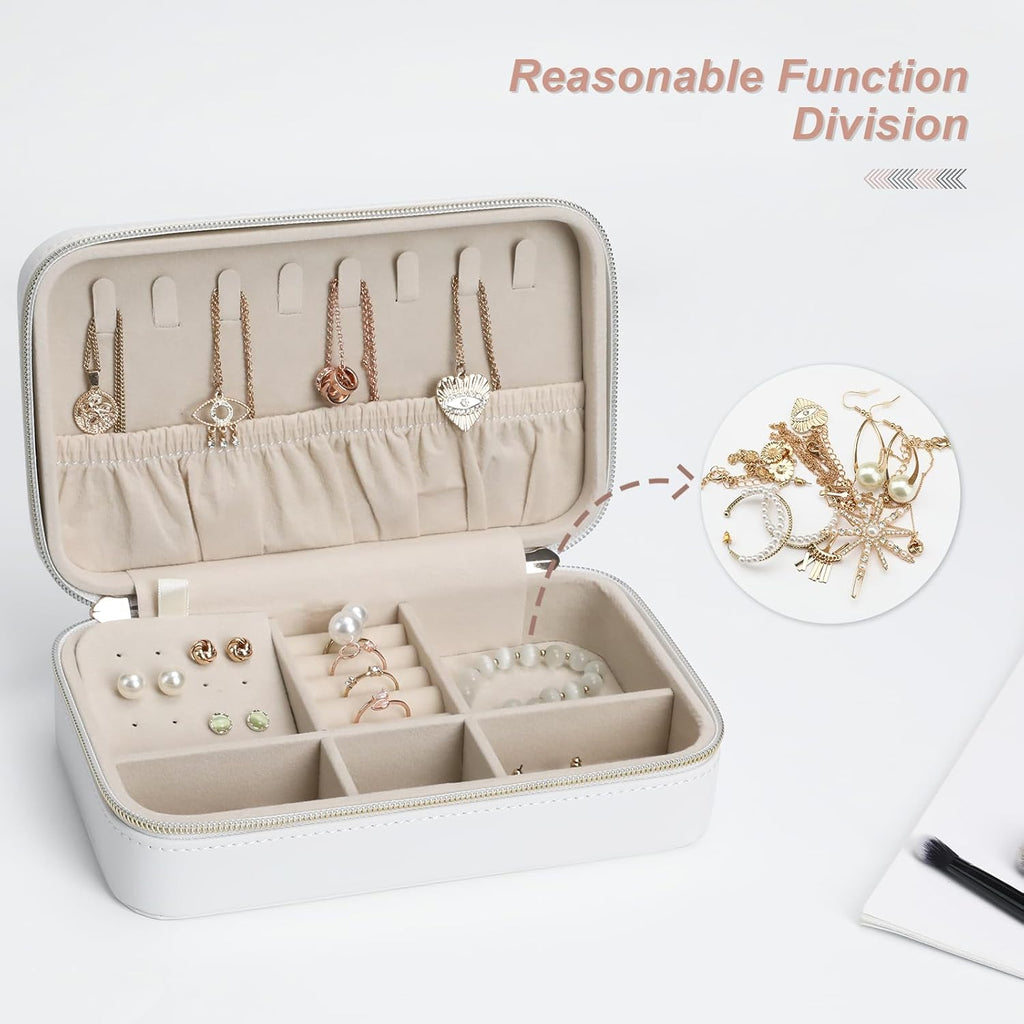 Elegant Travel Jewelry Case for Women - Multi-Function Jewelry Organizer with Necklace Hooks, Ring Slot, and Velvet Lining, Perfect for Trips White