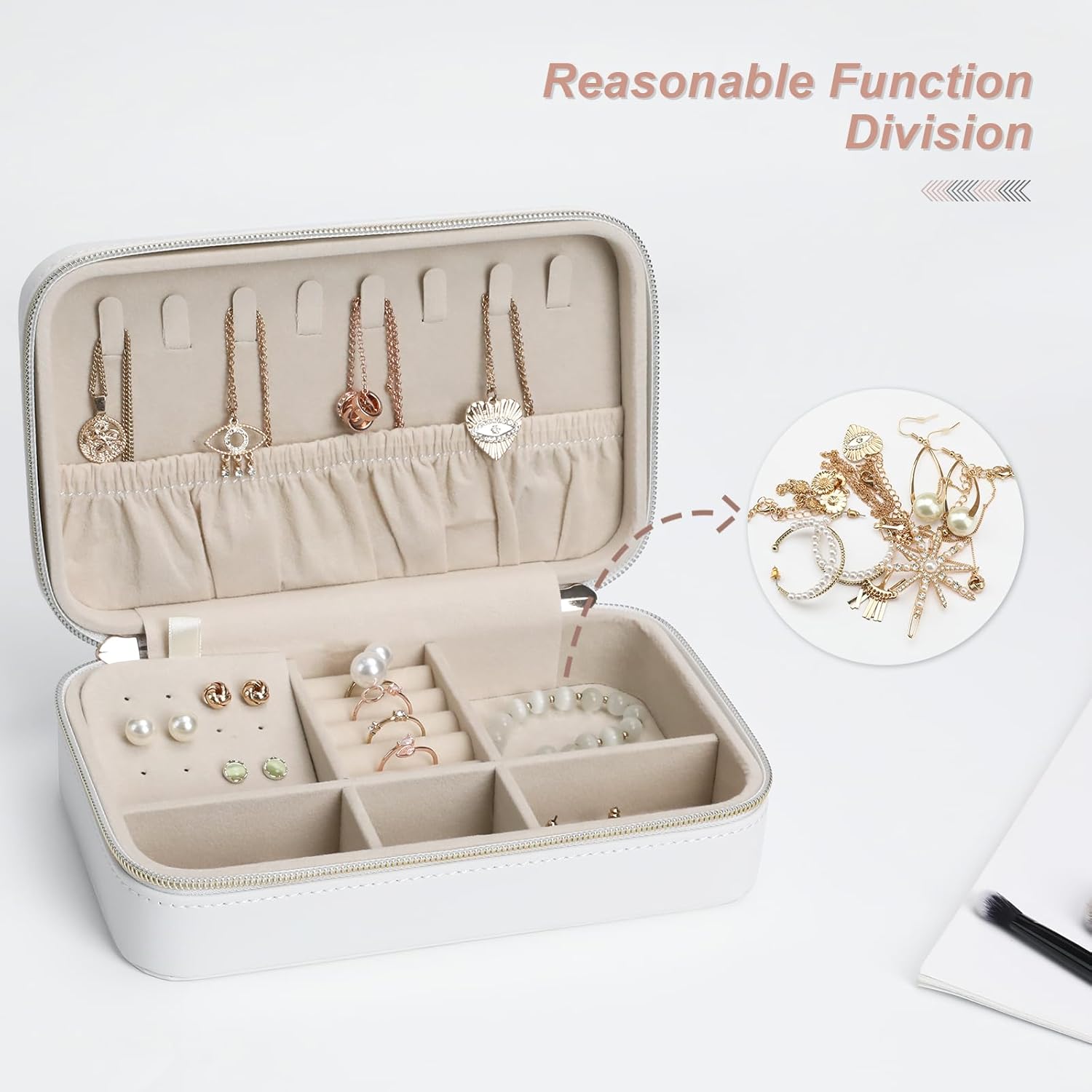 Elegant Travel Jewelry Case for Women - Multi-Function Jewelry Organizer with Necklace Hooks, Ring Slot, and Velvet Lining, Perfect for Trips White