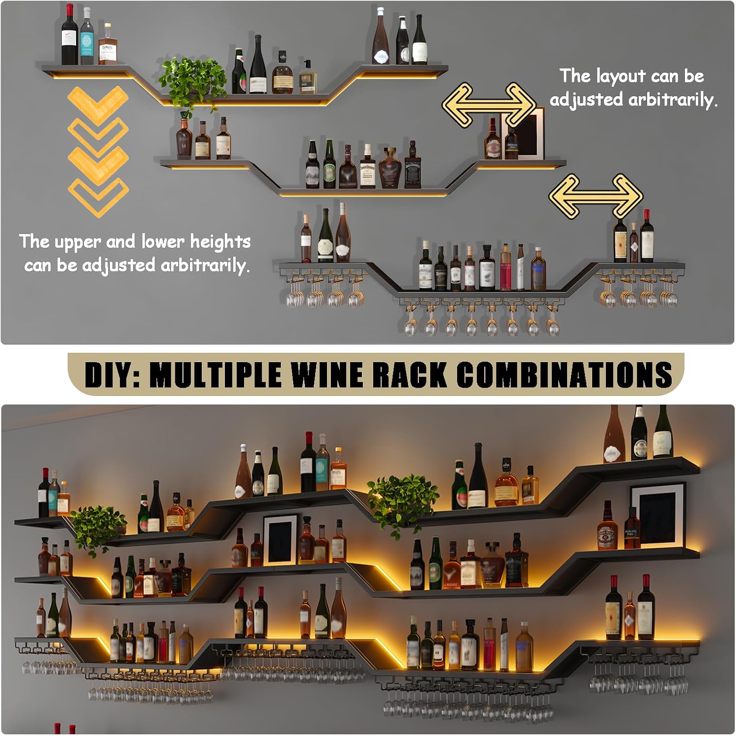 31.5"Modern LED Wine Rack Wall Mounted,3-Tier Floating Bar Shelves | Large Hanging Liquor Shelf Wall Mounted with Wine Glass Rack,DIY Modular WaveDesign,Black Metal for Home Bar Dining Room Cafe